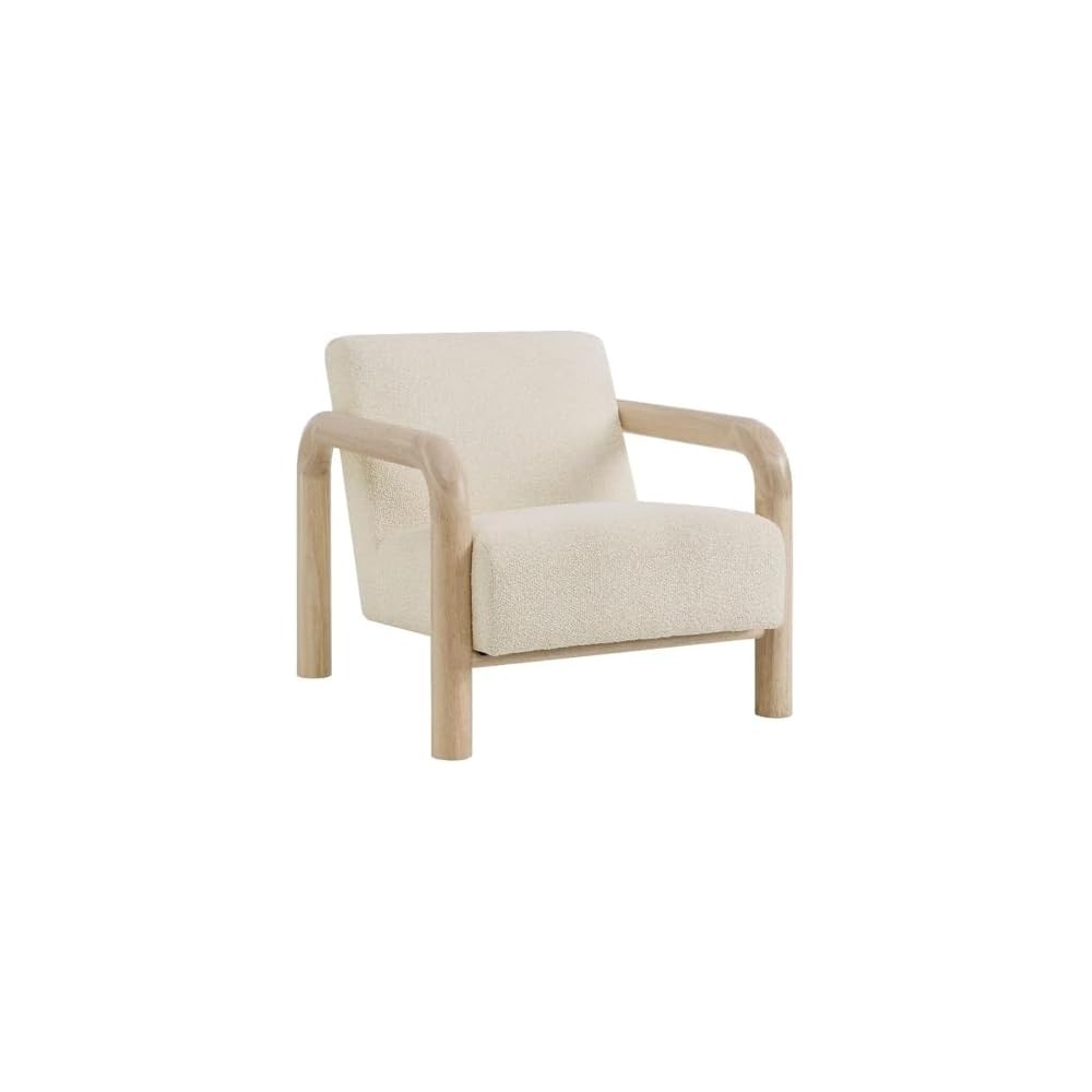 Modway Sereno Modern Boucle Fabric Accent Chair in Cream Oak with Rounded Wood Armrests – Upholstered Lounge Chair for Living Room or Bedroom