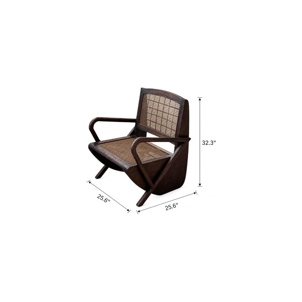 Dark Wood Cane Lounge Chair with Arms, Vintage Rattan Accent Chair