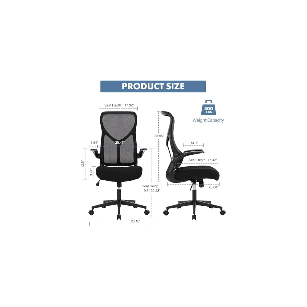 Ergonomic Office Desk Mesh Computer Chair High Back, Rolling Swivel Home Gaming Chairs with Wheels Comfy Lumbar Support, Flip-up Arms, 120° Tilt for Bedroom, Study, Work, Student, Ink