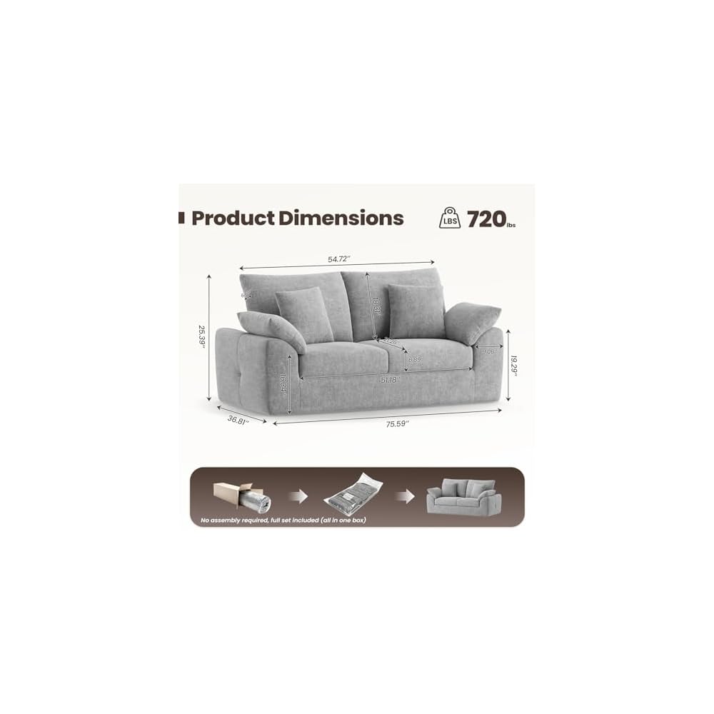 MALOL 75.6" Cloud Boneless Sofa, Loveseat Couches with 4 Pillows, Modern Living Room 2 Seater Sofa for Small Space, Apartment, No Assembly, Light Grey