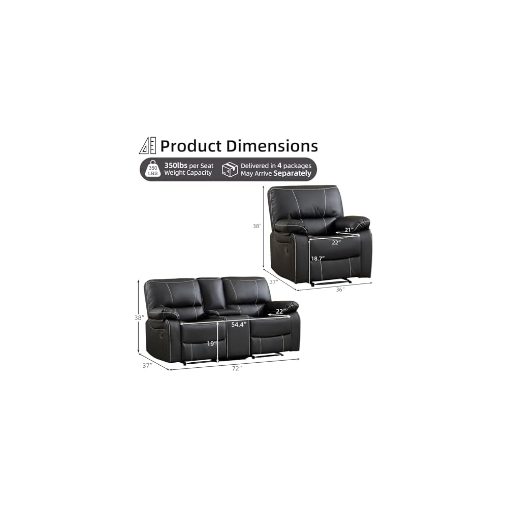 Bonzy Home Manual Reclining Sofa Set, 2 Pieces Recliner Furniture Sofa Set, Single Recliner Chair & Loveseat Couch with Overstuffed Backrest and Armrest for Living Room Home Theater, Black