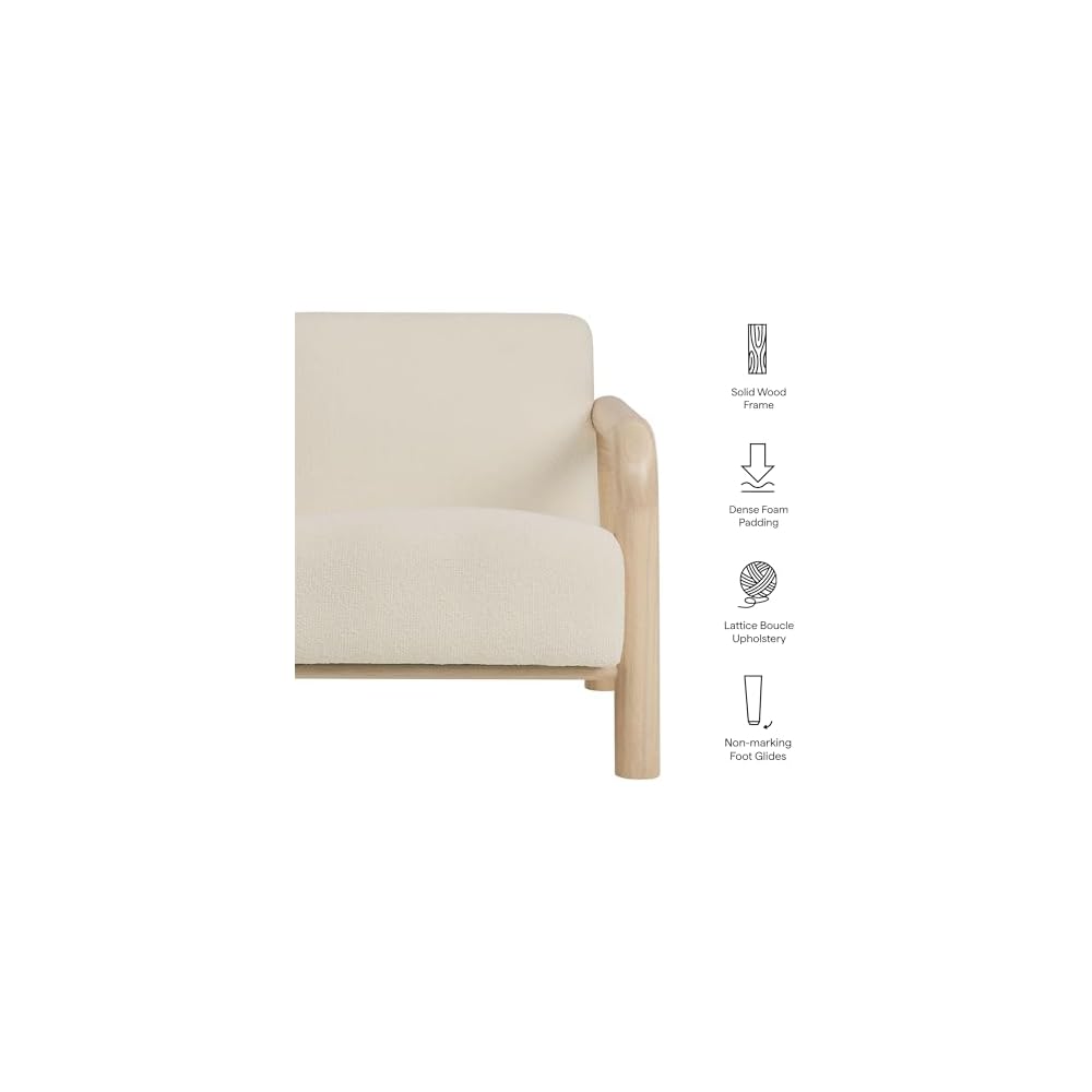Modway Sereno Modern Boucle Fabric Accent Chair in Cream Oak with Rounded Wood Armrests – Upholstered Lounge Chair for Living Room or Bedroom