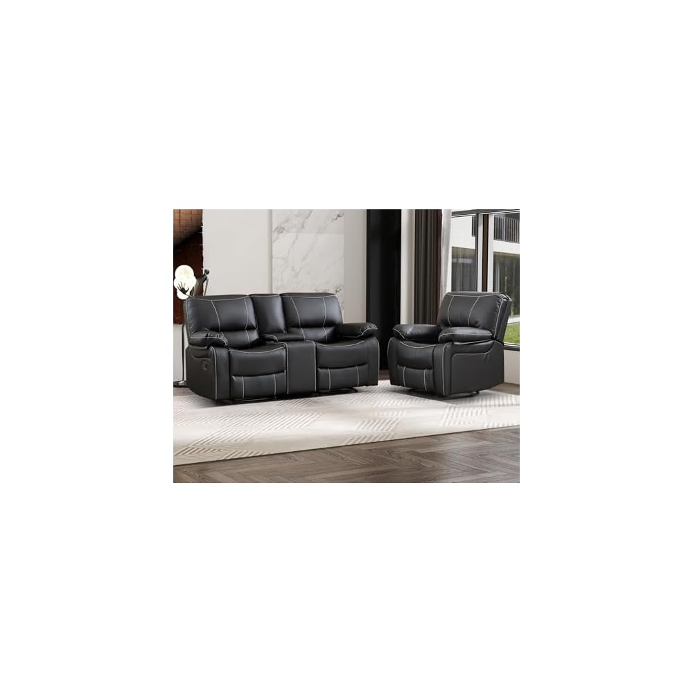 Bonzy Home Manual Reclining Sofa Set, 2 Pieces Recliner Furniture Sofa Set, Single Recliner Chair & Loveseat Couch with Overstuffed Backrest and Armrest for Living Room Home Theater, Black