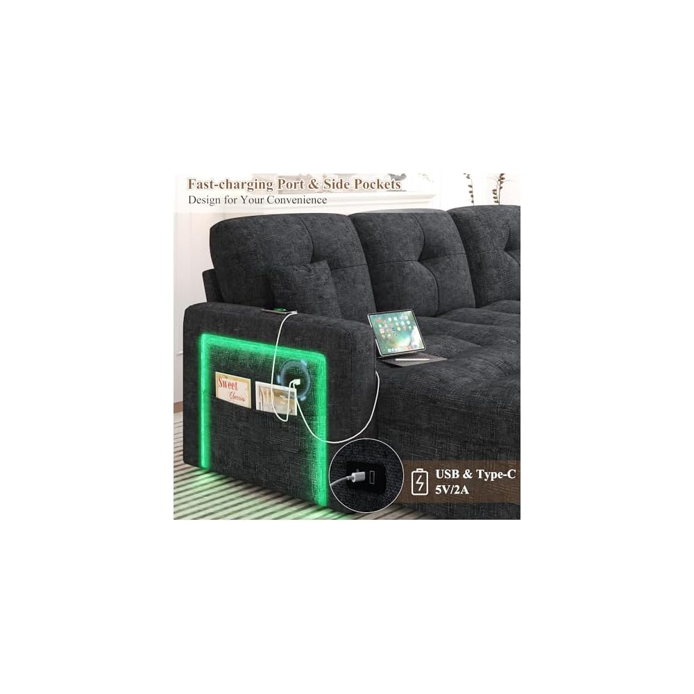 81'' LED L-Shaped Sectional Couch for Living Room, Sleeper Sofa Bed, Black