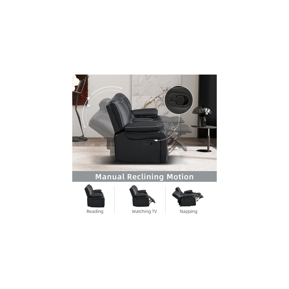 Bonzy Home Manual Reclining Sofa Set, 2 Pieces Recliner Furniture Sofa Set, Single Recliner Chair & Loveseat Couch with Overstuffed Backrest and Armrest for Living Room Home Theater, Black