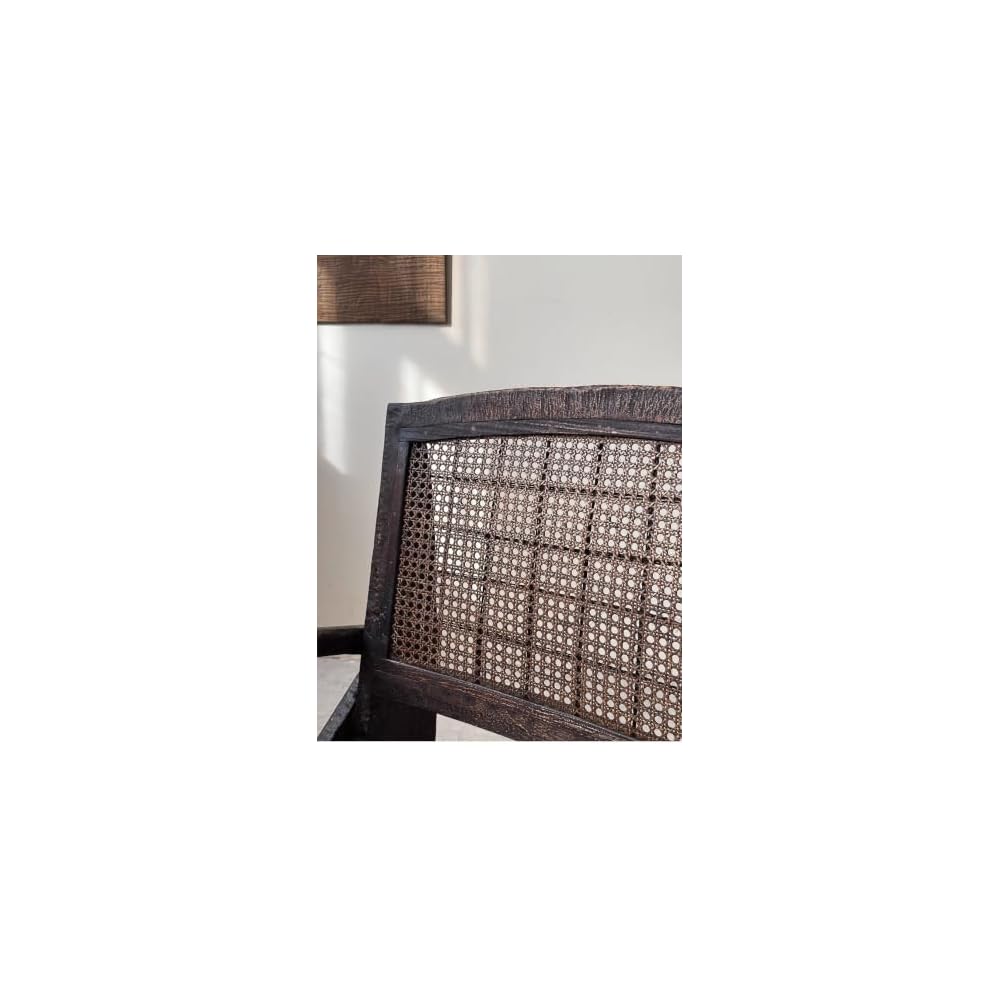 Dark Wood Cane Lounge Chair with Arms, Vintage Rattan Accent Chair