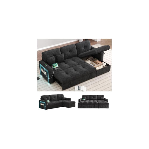 81'' LED L-Shaped Sectional Couch for Living Room, Sleeper Sofa Bed, Black
