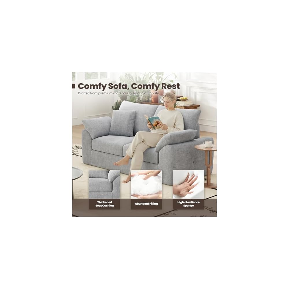 MALOL 75.6" Cloud Boneless Sofa, Loveseat Couches with 4 Pillows, Modern Living Room 2 Seater Sofa for Small Space, Apartment, No Assembly, Light Grey