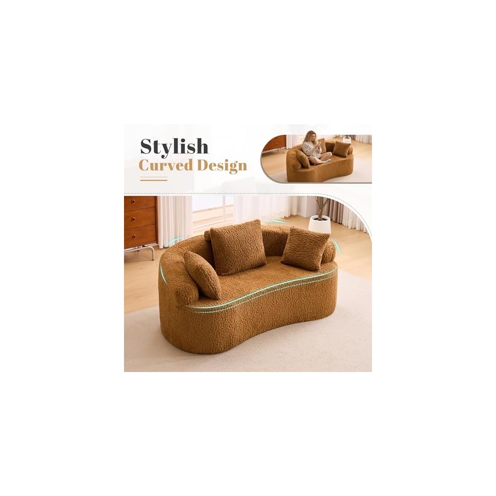 Premium Curved Loveseat Sofa, Full-Compression 2-Seat Couch with Enhanced Back Support, Modern Fabric Loveseat with Pillows, Compact Luxury Sofa for Living Room or Apartment (Brown)