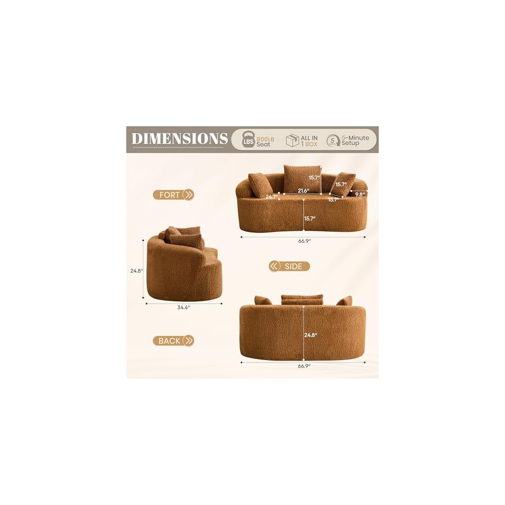 Premium Curved Loveseat Sofa, Full-Compression 2-Seat Couch with Enhanced Back Support, Modern Fabric Loveseat with Pillows, Compact Luxury Sofa for Living Room or Apartment (Brown)