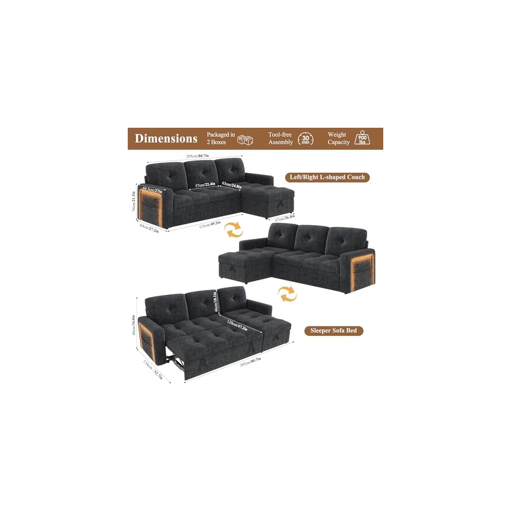 81'' LED L-Shaped Sectional Couch for Living Room, Sleeper Sofa Bed, Black