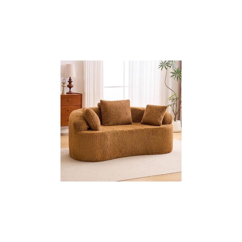 Premium Curved Loveseat Sofa, Full-Compression 2-Seat Couch with Enhanced Back Support, Modern Fabric Loveseat with Pillows, Compact Luxury Sofa for Living Room or Apartment (Brown)