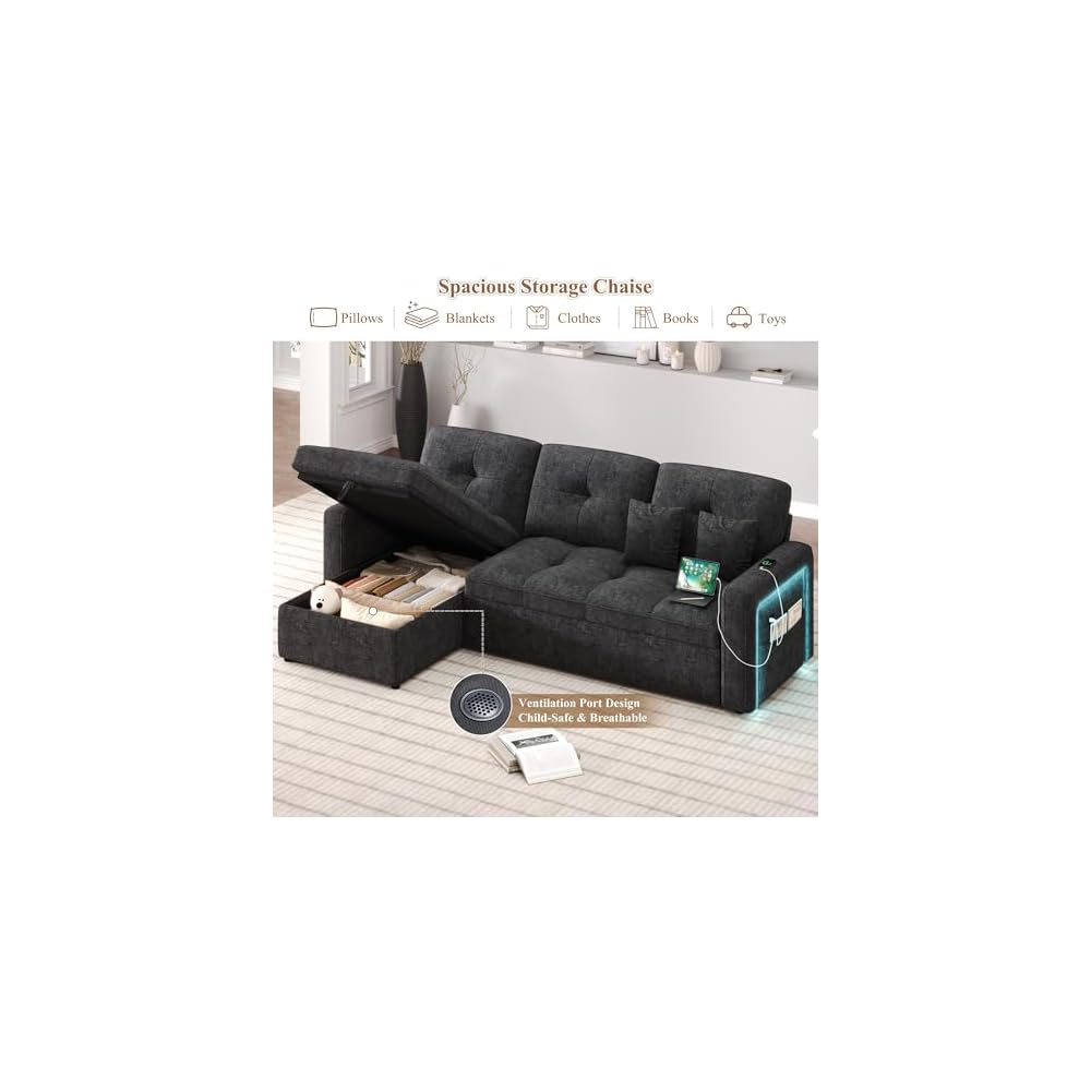 81'' LED L-Shaped Sectional Couch for Living Room, Sleeper Sofa Bed, Black