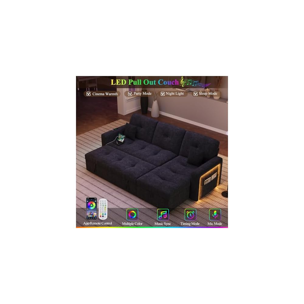 81'' LED L-Shaped Sectional Couch for Living Room, Sleeper Sofa Bed, Black
