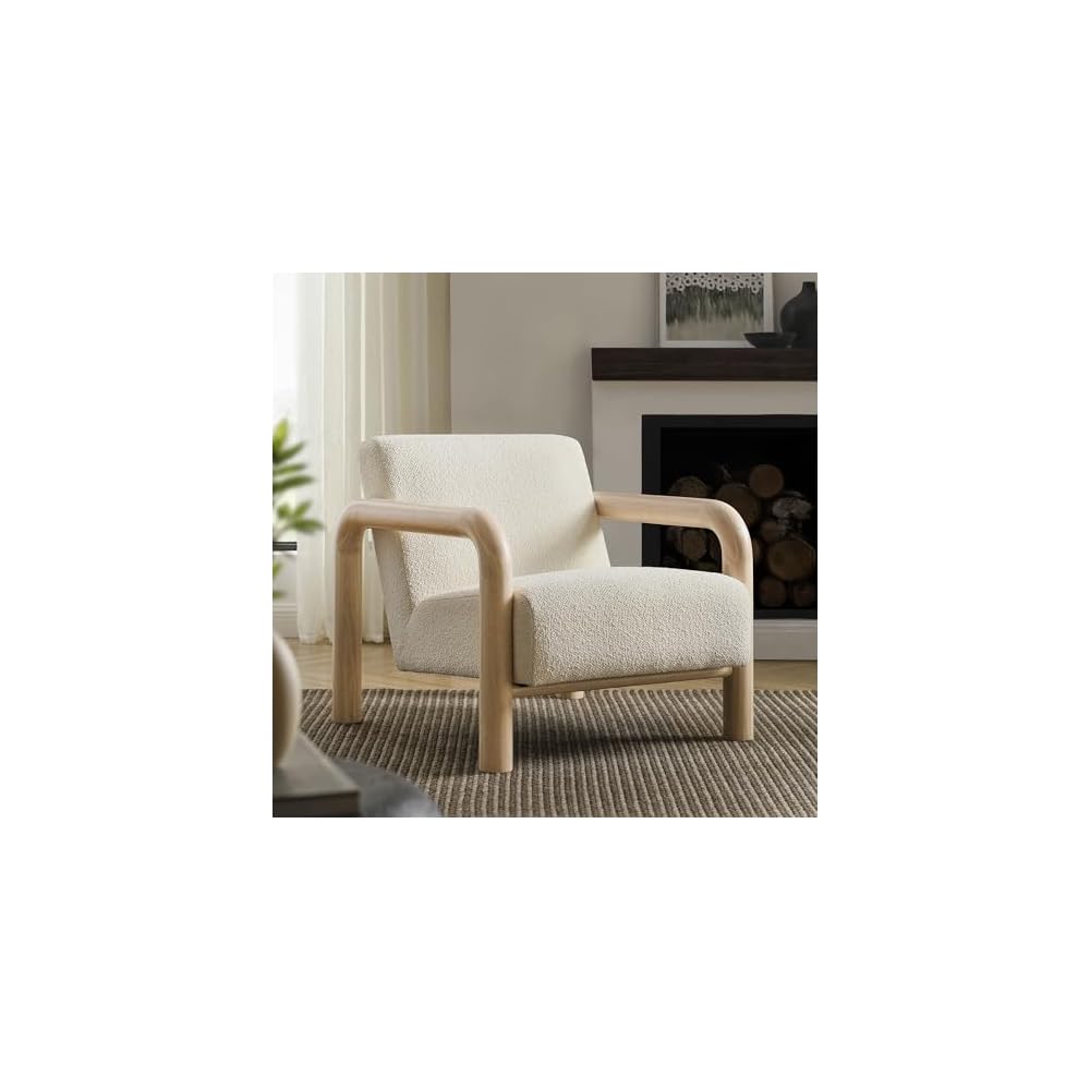 Modway Sereno Modern Boucle Fabric Accent Chair in Cream Oak with Rounded Wood Armrests – Upholstered Lounge Chair for Living Room or Bedroom