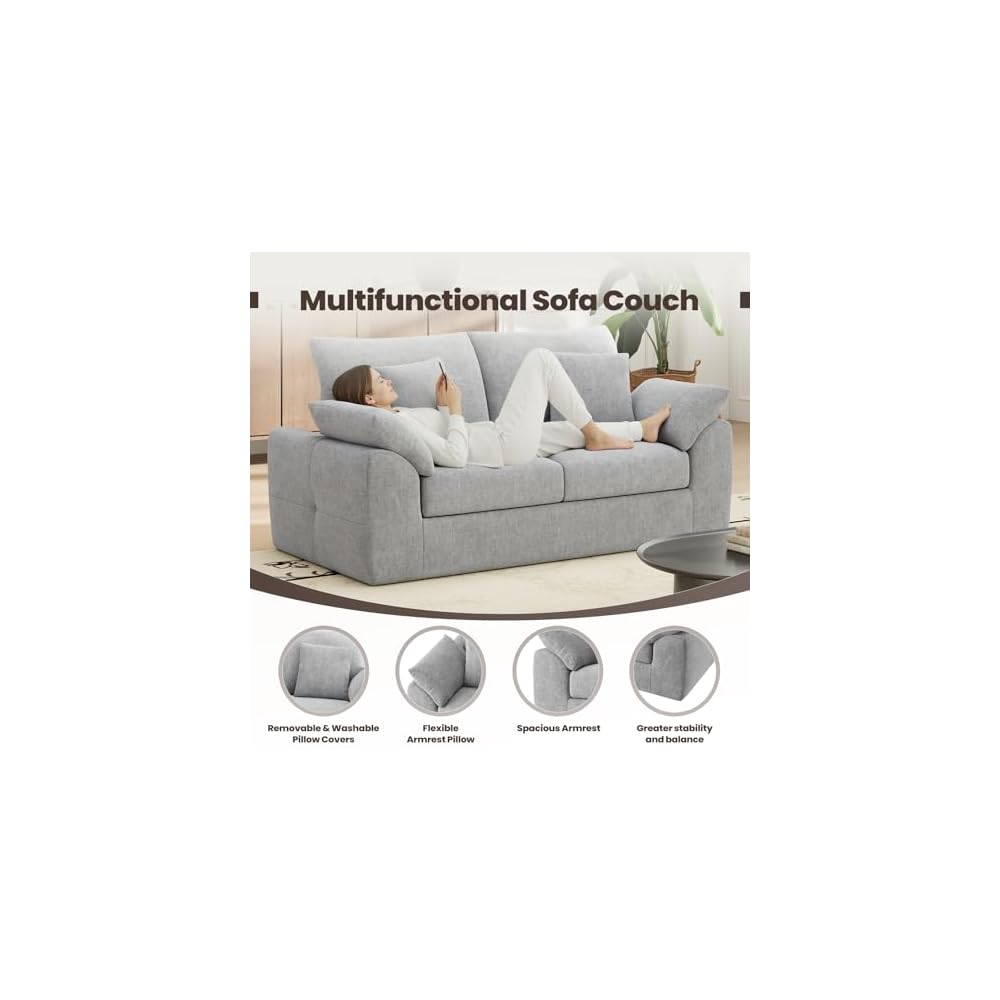 MALOL 75.6" Cloud Boneless Sofa, Loveseat Couches with 4 Pillows, Modern Living Room 2 Seater Sofa for Small Space, Apartment, No Assembly, Light Grey