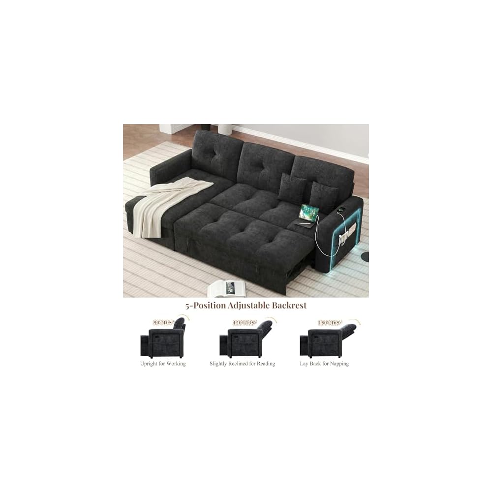 81'' LED L-Shaped Sectional Couch for Living Room, Sleeper Sofa Bed, Black