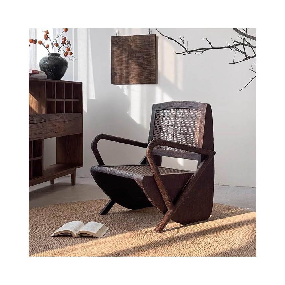 Dark Wood Cane Lounge Chair with Arms, Vintage Rattan Accent Chair