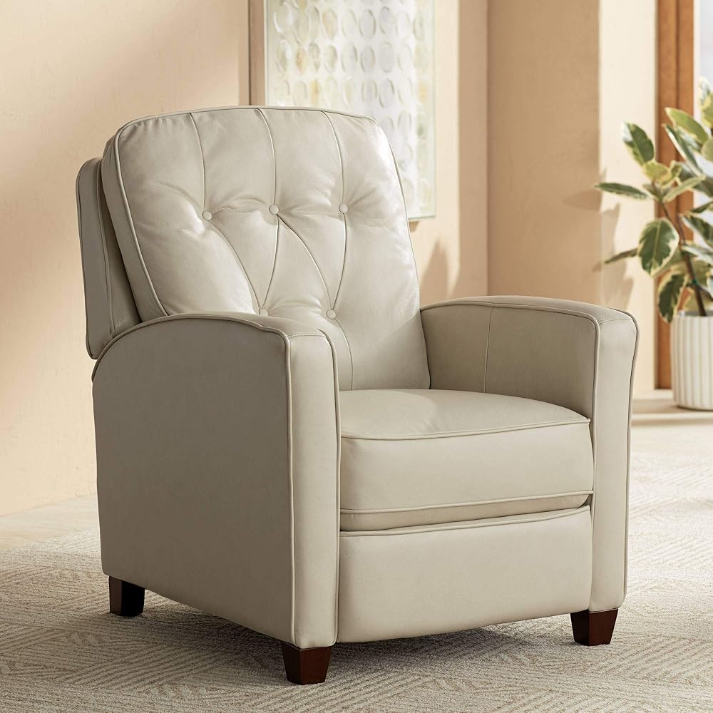 Elm Lane Livorno White Pearl Leather Recliner Chair Modern Armchair Comfortable Push Manual Reclining Footrest Upholstered Tufted Back for Bedroom Living Room Reading Home Relax Office