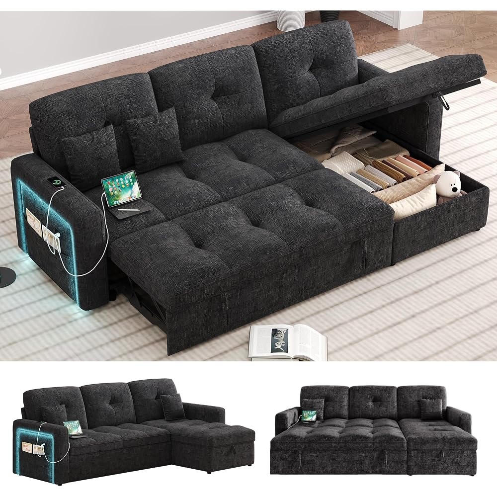 81'' LED L-Shaped Sectional Couch for Living Room, Sleeper Sofa Bed, Black