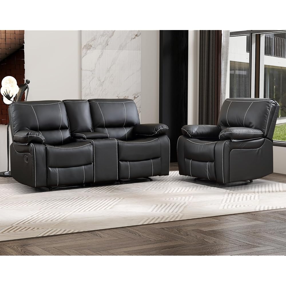Bonzy Home Manual Reclining Sofa Set, 2 Pieces Recliner Furniture Sofa Set, Single Recliner Chair & Loveseat Couch with Overstuffed Backrest and Armrest for Living Room Home Theater, Black
